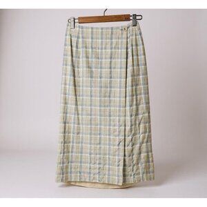 Vintage Talbots Linen Blend Wrap Skirt Size 8 Blue Beige Check Plaid Midi USA
